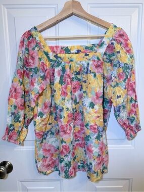 Chaps Floral Square-Neck Peasant Top - Pink, Yellow & Green
